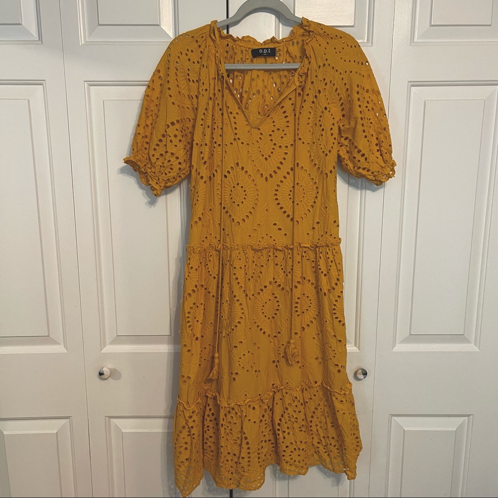 Mustard Eyelet Puff Sleeve midi Dress